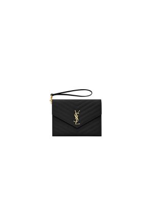 black YSL CASSANDRE matelasse leather flap clutch