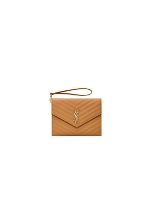 brown YSL CASSANDRE matelasse leather flap clutch