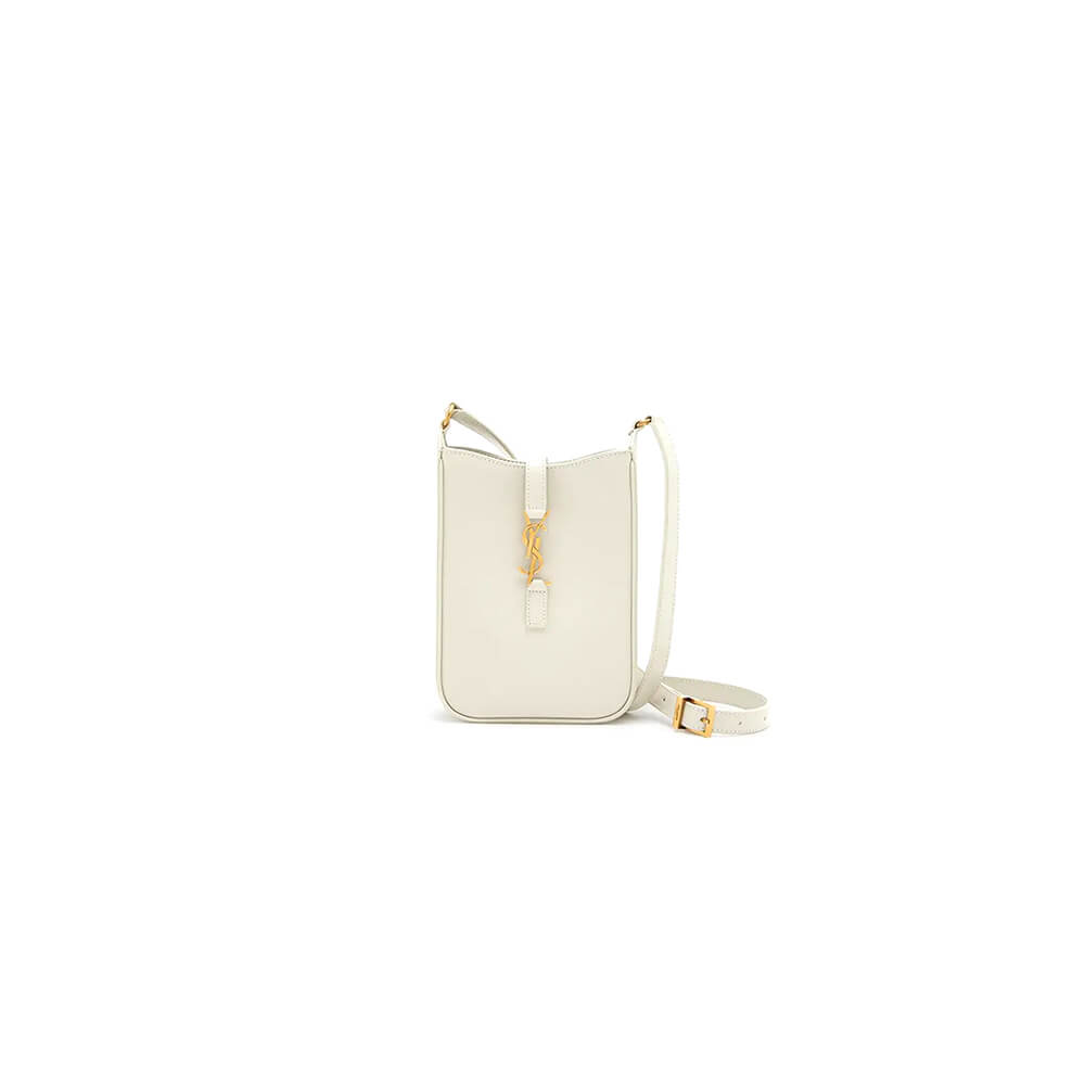 White YSL Le 5 A 7 mini vertical bag in shiny leather
