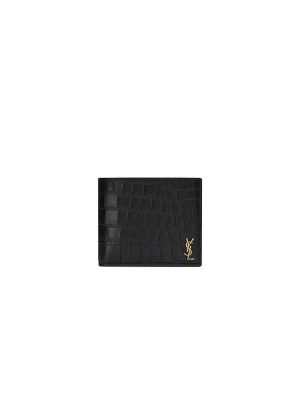 Black YSL tiny cassandre wallet in crocodile embossed matte leather