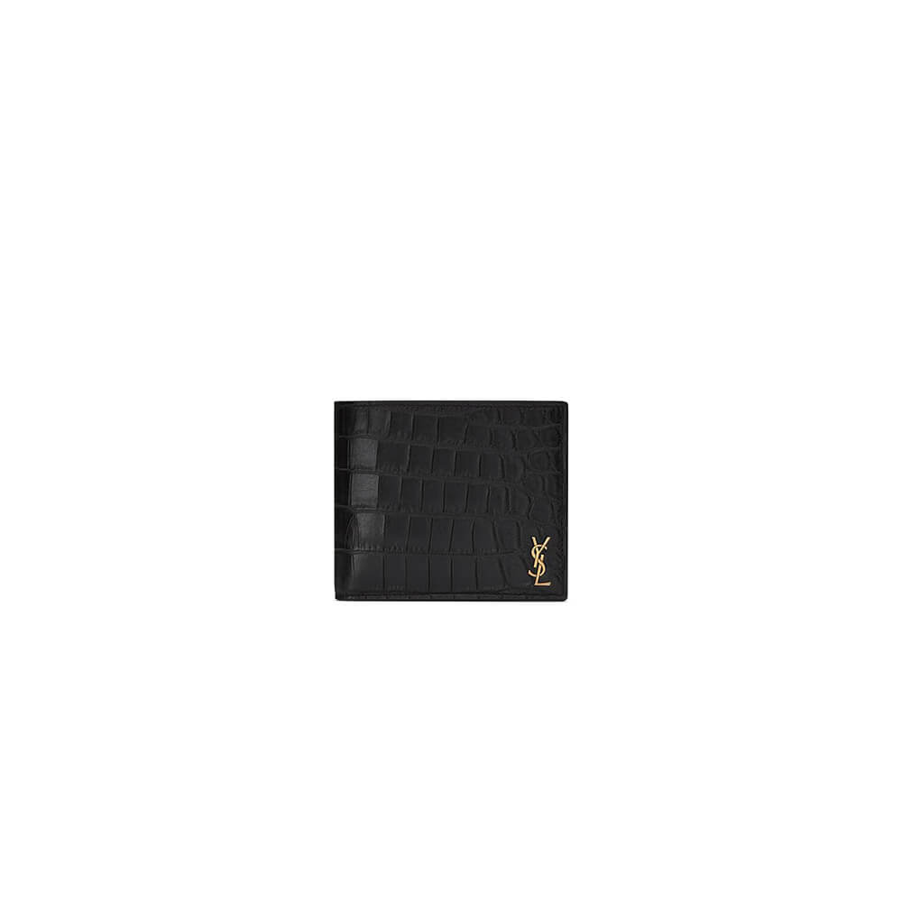 Black YSL tiny cassandre wallet in crocodile embossed matte leather