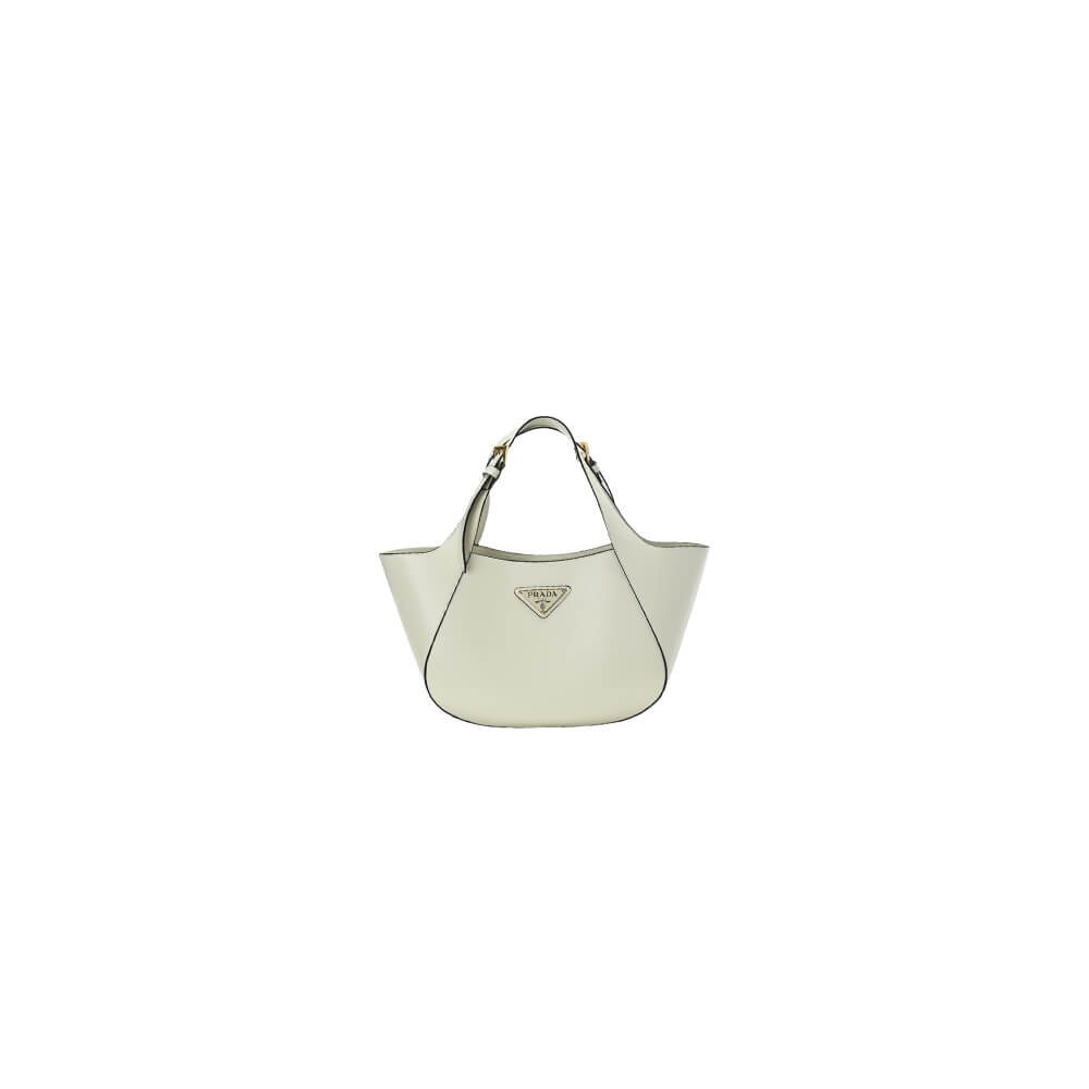 White Prada Medium Enamel Triangle Logo Leather Tote Bag (high-end grade)