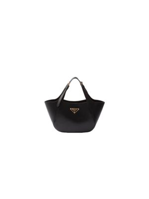 Black Prada Medium Enamel Triangle Logo Leather Tote Bag (high-end grade)