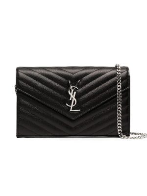 Saint Laurent Chain-strap YSL-plaque grained-leather wallet