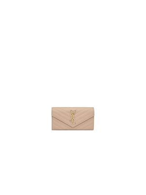 Beige YSL CASSANDRE MATELASSE LARGE FLAP WALLET IN GRAIN DE POUDRE LEATHER