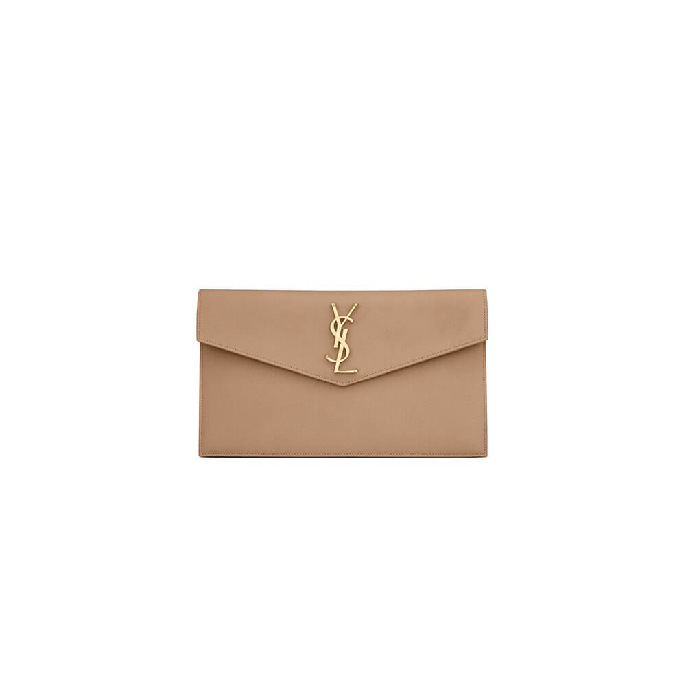 taupe YSL UPTOWN POUCH IN GRAIN DE POUDRE EMBOSSED LEATHER