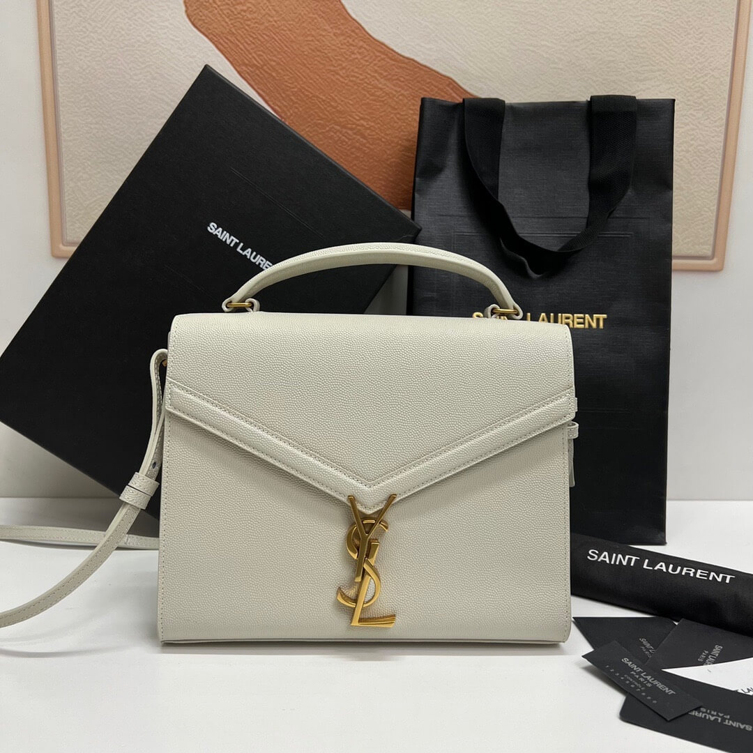 White YSL CASSANDRA Medium Grainy Embossed Leather Top Handle Bag - Image 2