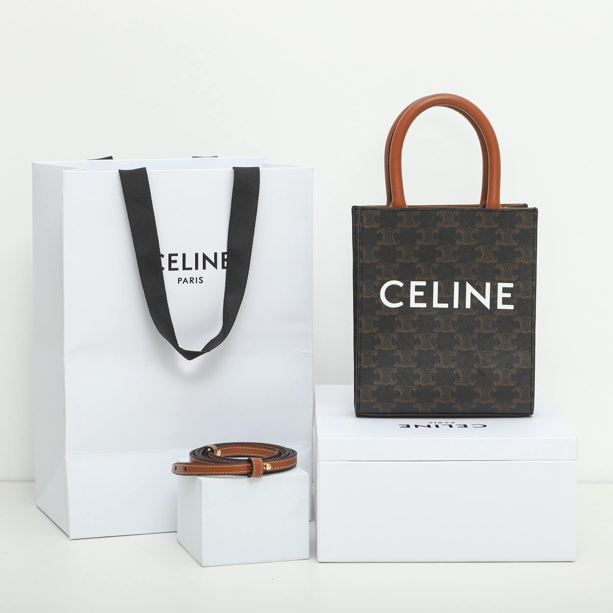 CELINE Mini Vertical Cabas Bag in Calfskin Leather with Logo and Celine Print - Image 2