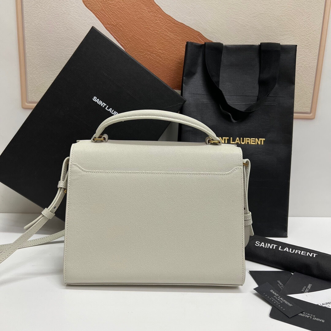 White YSL CASSANDRA Medium Grainy Embossed Leather Top Handle Bag - Image 4