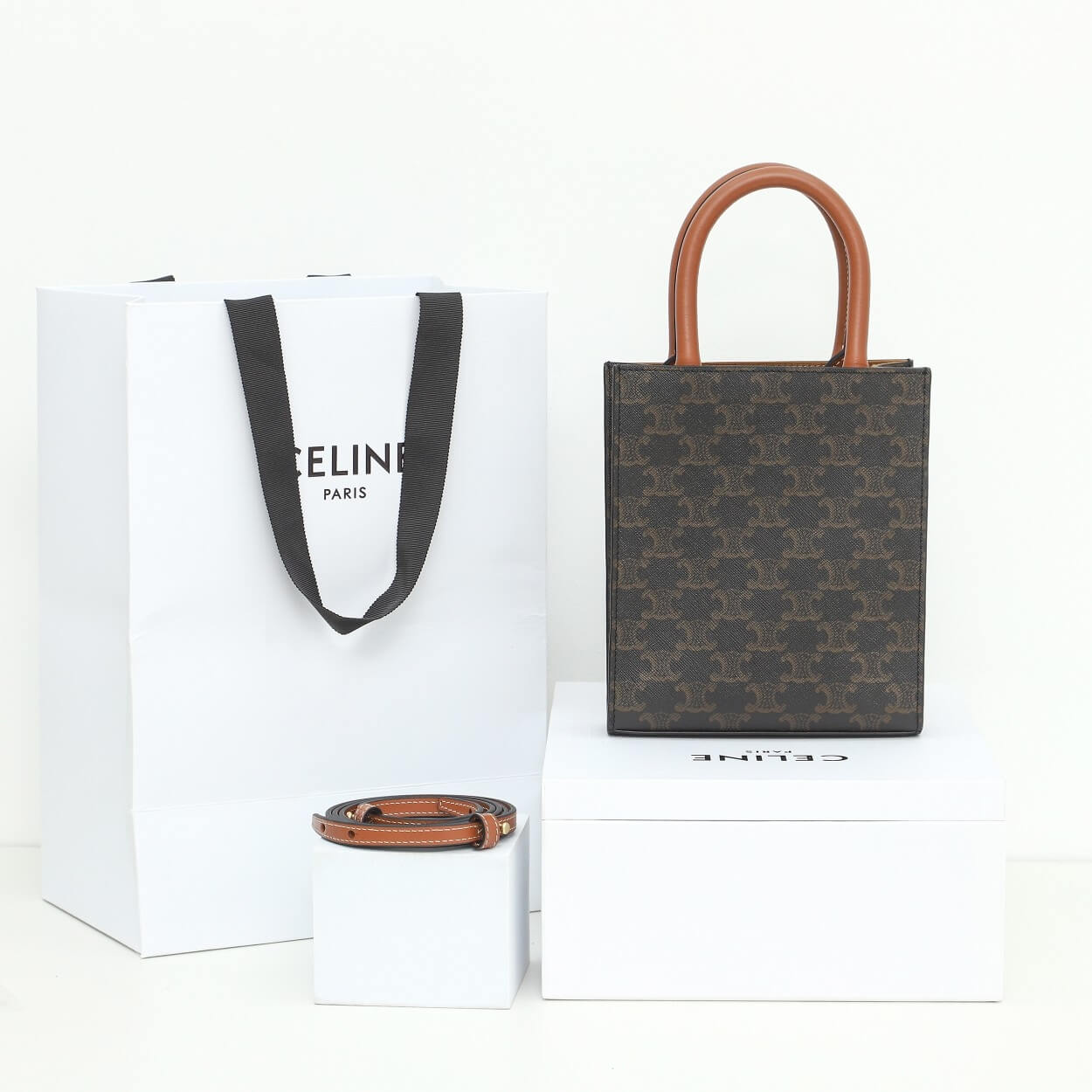 CELINE Mini Vertical Cabas Bag in Calfskin Leather with Logo and Celine Print - Image 4