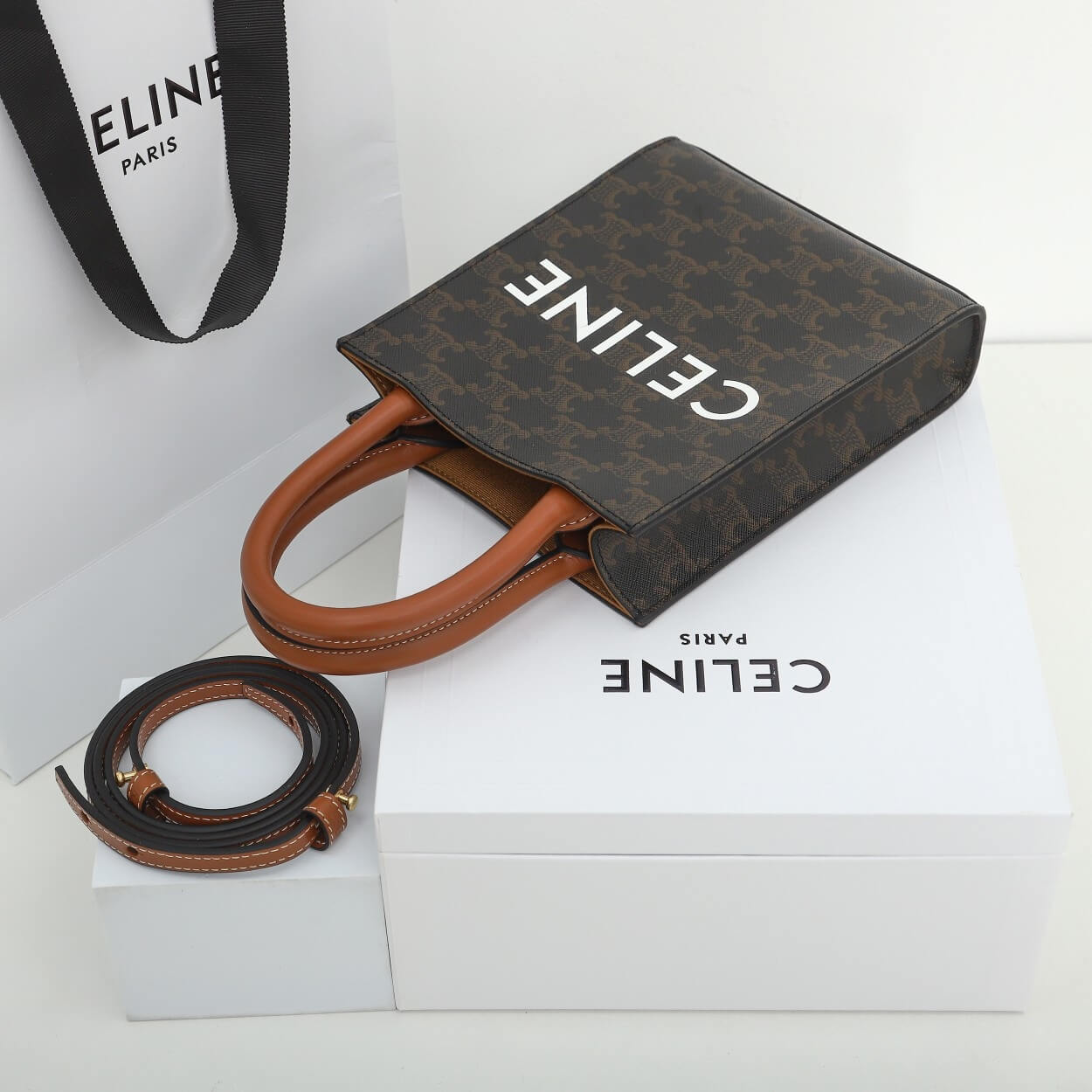 CELINE Mini Vertical Cabas Bag in Calfskin Leather with Logo and Celine Print - Image 5