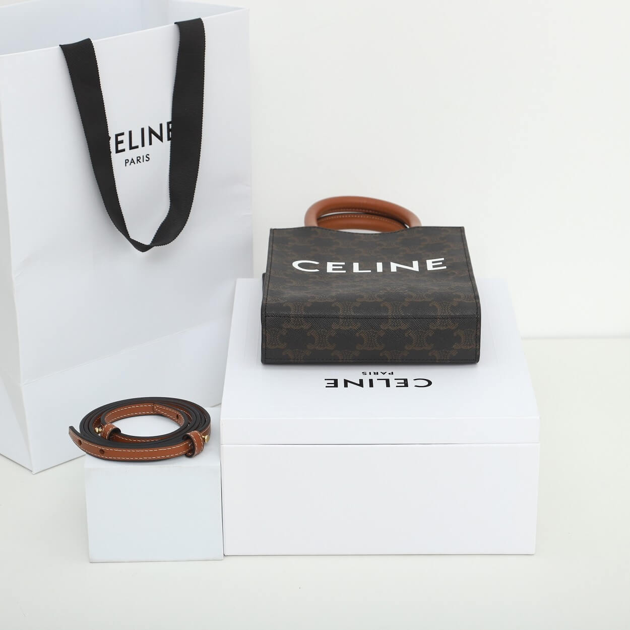 CELINE Mini Vertical Cabas Bag in Calfskin Leather with Logo and Celine Print - Image 6