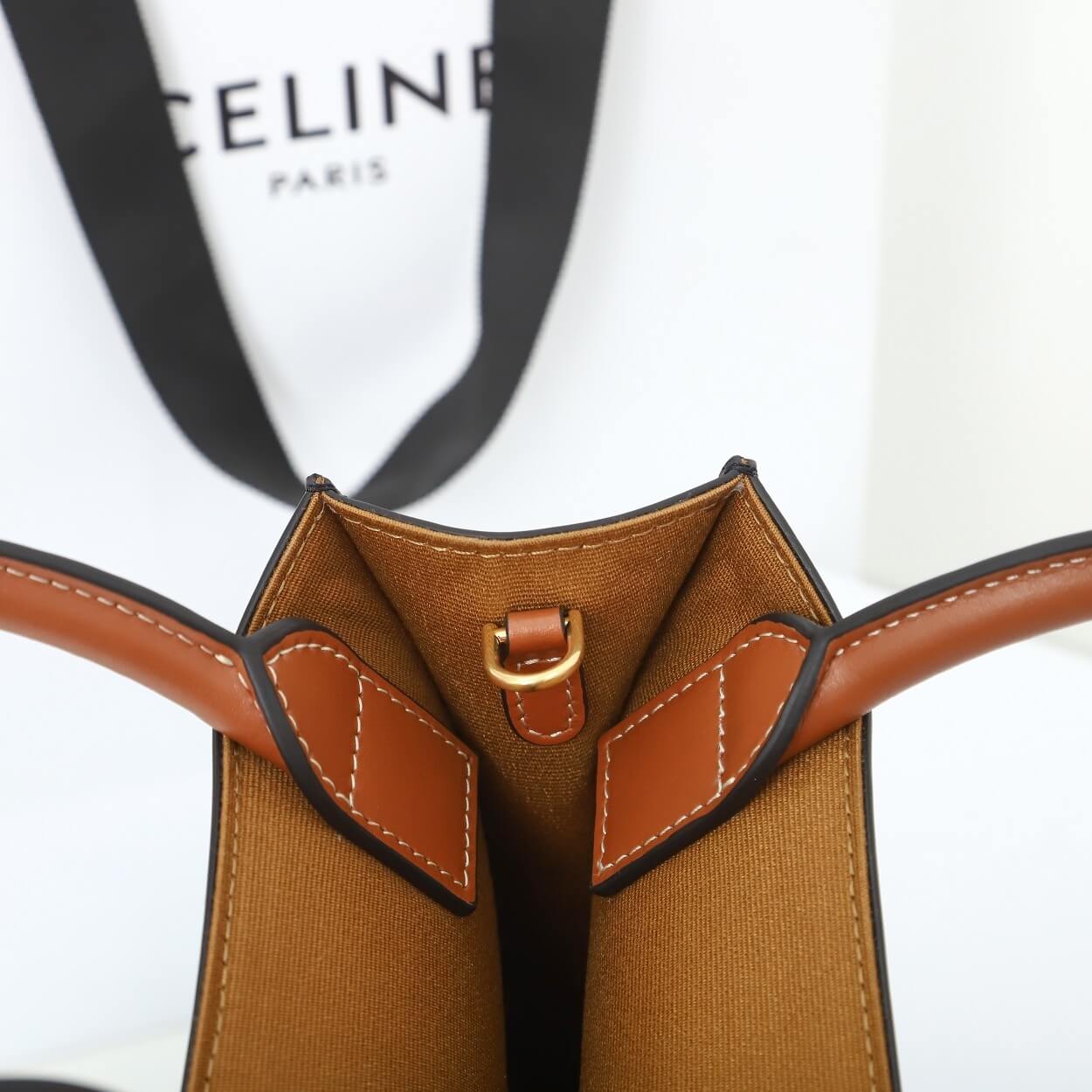 CELINE Mini Vertical Cabas Bag in Calfskin Leather with Logo and Celine Print - Image 7